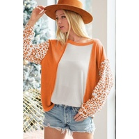 Orange Colorblock Leopard Sleeve Patchwork Top - M thumbnail
