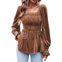 Chestnut Smocked Ribbed Velvet Babydoll Top - M thumbnail