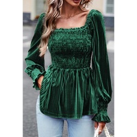 Blackish Green Smocked Ribbed Velvet Babydoll Top - L thumbnail