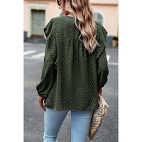 Blackish Green Lace Eyelet Ruffle Shoulder Long Sleeve Blouse - L thumbnail