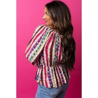 Multicolour Western Aztec Split Neck Peplum Blouse - L thumbnail
