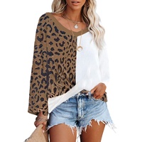 Brown Leopard Contrast Waffle Knit Twist Hem V Neck Top - S thumbnail