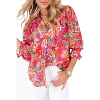 Strawberry Pink Floral Print Smocked Cuff Puff Sleeve Shirt - S thumbnail