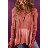 Mineral Red Exposed Seam Slit Neck Waffle Knit Patchwork Top - L thumbnail