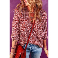Biking Red Floral Print Smocked Tie Neck Blouse - L thumbnail
