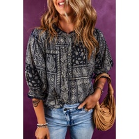 Navy Blue Vintage Boho Paisley Print 3/4 Sleeve Blouse - M thumbnail