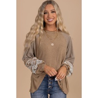 Light French Beige Floral Striped Patchwork Loose Long Sleeve Top - M thumbnail
