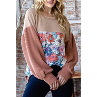 Printed Floral Contrast Colorblock Ribbed Top - XL thumbnail