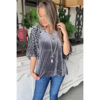 Azura Exchange Medium Grey Leopard Splicing Lantern Sleeve Velvet Blouse - L thumbnail