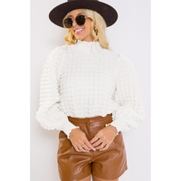 White Textured Smocked Mock Neck Puff Sleeve Blouse - L thumbnail