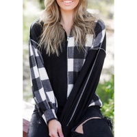 Black Checkboard Patchwork Exposed Stitching Collared Top - L thumbnail