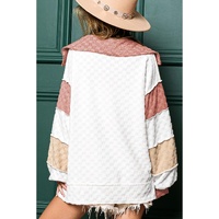 White Plaid Patchwork Exposed Seam V Neck Loose Blouse - M thumbnail