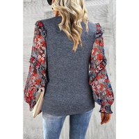 Blue Ruffle Tiered Floral Sleeve Crew Neck Blouse - M thumbnail