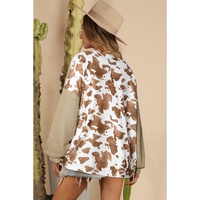 Pale Khaki Animal Print Textured Patch Lantern Sleeve Henley Blouse - L thumbnail