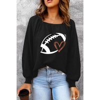 Black Rugby Football Print Square Neck Puff Sleeve Waffle Top - M thumbnail