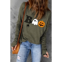 Green Halloween BOO Print Long Sleeve Graphic T Shirt - S thumbnail