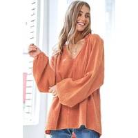 Orange Crinkle Textured Frill Split Neck Puff Sleeve Blouse - L thumbnail