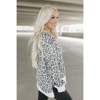 White Printed Solid Trim Leopard Print Top - M thumbnail
