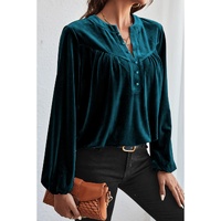 Skobeloff Lantern Sleeve Beaded Split V Neck Velvet Top - XL thumbnail