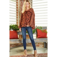 Brown Contrast Leopard Print Bubble Sleeve Blouse - L thumbnail