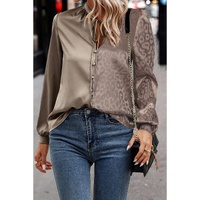 Light French Beige Contrast Half Leopard Jacquard Satin Blouse - L thumbnail