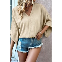 Parchment Solid V Neck Wide Sleeve Crinkled Blouse - L thumbnail