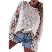 Beige Embroidered Mesh Flounce Sleeve Blouse - L thumbnail