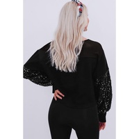 Black Sequin Patchwork Lantern Sleeve Blouse - L thumbnail