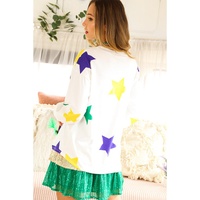White Mardi Gras Star Printed Long Sleeve Top - L thumbnail