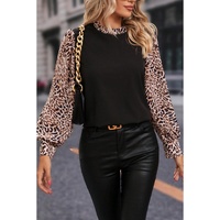 Black Contrast Leopard Print Lantern Sleeve Blouse - M thumbnail