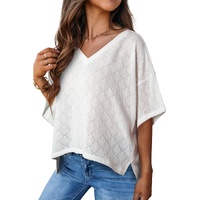 White V Neck Knitted Flowy Blouse - L thumbnail