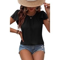Black Solid Color Textured Pleated Flutter Sleeve Blouse - S thumbnail