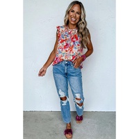 Red Frilled Neck Pleated Boho Floral Tank Top - L thumbnail