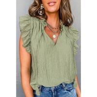 Meadow Mist Green V Neck Flutter Sleeve Textured Blouse - L thumbnail