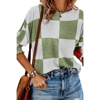 Grass Green Mix Checkered Print Shirred Cuffs Blouse - M thumbnail