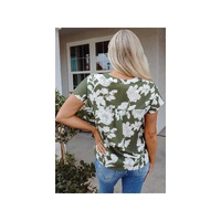 Green Floral Print Split Neck Short Sleeve Blouse - L thumbnail