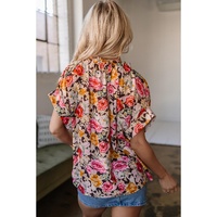 Pink Floral Print Crew Neck Short Sleeve Shift Blouse - L thumbnail