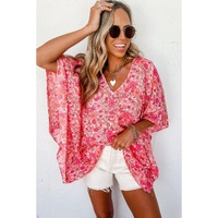 Pink Boho Floral V Neck Kimono Style Blouse - L thumbnail