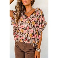 Pink Floral Print Bubble Hem Split Neck Blouse - L thumbnail