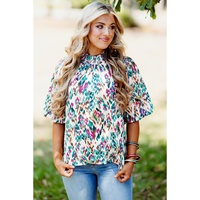 Light Blue Abstract Print Puff Sleeve Mock Neck Blouse - L thumbnail