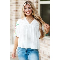 White Floral Embroidered Puff Sleeve Notched Neck Blouse - M thumbnail