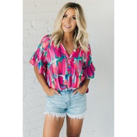Rose Abstract Brushwork Print Buttoned V Neck Blouse - L thumbnail