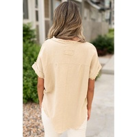 Parchment Crinkle Textured Frayed Trim Half Button Short Sleeve Top - L thumbnail