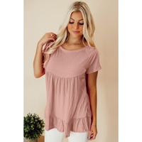 Pink Solid Short Sleeve Ruffle Hem Top - L thumbnail