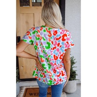 Green Contrast Leopard Print V Neck Short Sleeve Blouse - L thumbnail