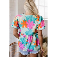 Pink Floral Print Bubble Sleeve V Neck Peplum Blouse - L thumbnail