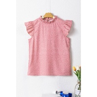 Pink Polka Dots Ruffle Flutter Sleeve Frilled Neck Blouse - L thumbnail