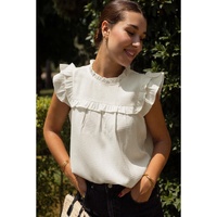 White Solid Color Ruffle Trim Waffle Knit Blouse - S thumbnail