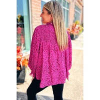 Rose Leopard Shirred Puff Sleeve Flowy Blouse - L thumbnail