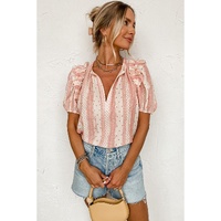 Red Frilled Short Puff Sleeve Mixed Print Blouse - L thumbnail